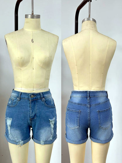 Women's Washed Denim Distressed Stretch Mid-Rise Straight-Leg Shorts - product detail view 3