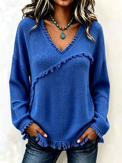 Women's Solid-Color V-Neck Fringe-Trim Relaxed-Fit Long-Sleeve Shirt in Blue - product view