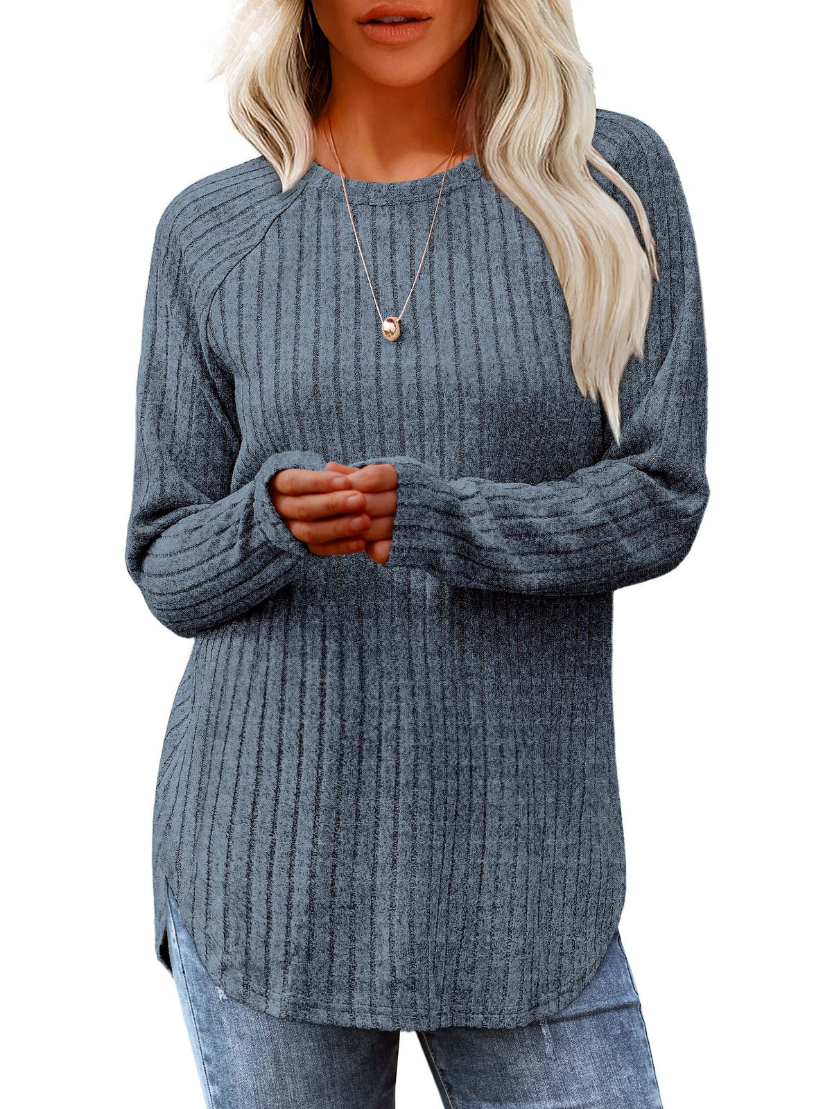Women's Crew-Neck Relaxed-Fit Slim-Fit Long-Sleeve Top in Blue - product view