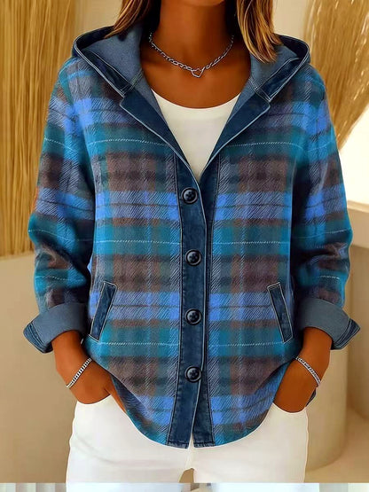 Women's Plaid Relaxed-Fit Hooded Cardigan in Green - product view