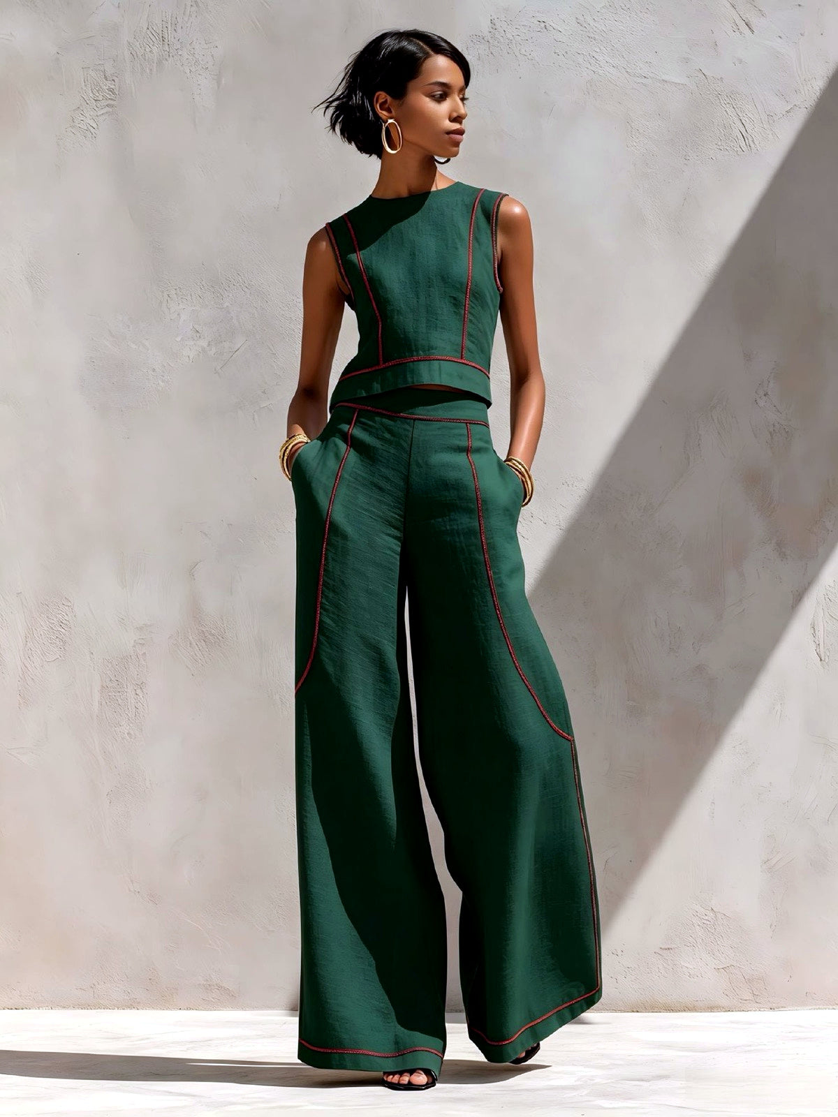 Women's Colorblock Sleeveless Wide-Leg Top & Pants Set in Green - product view