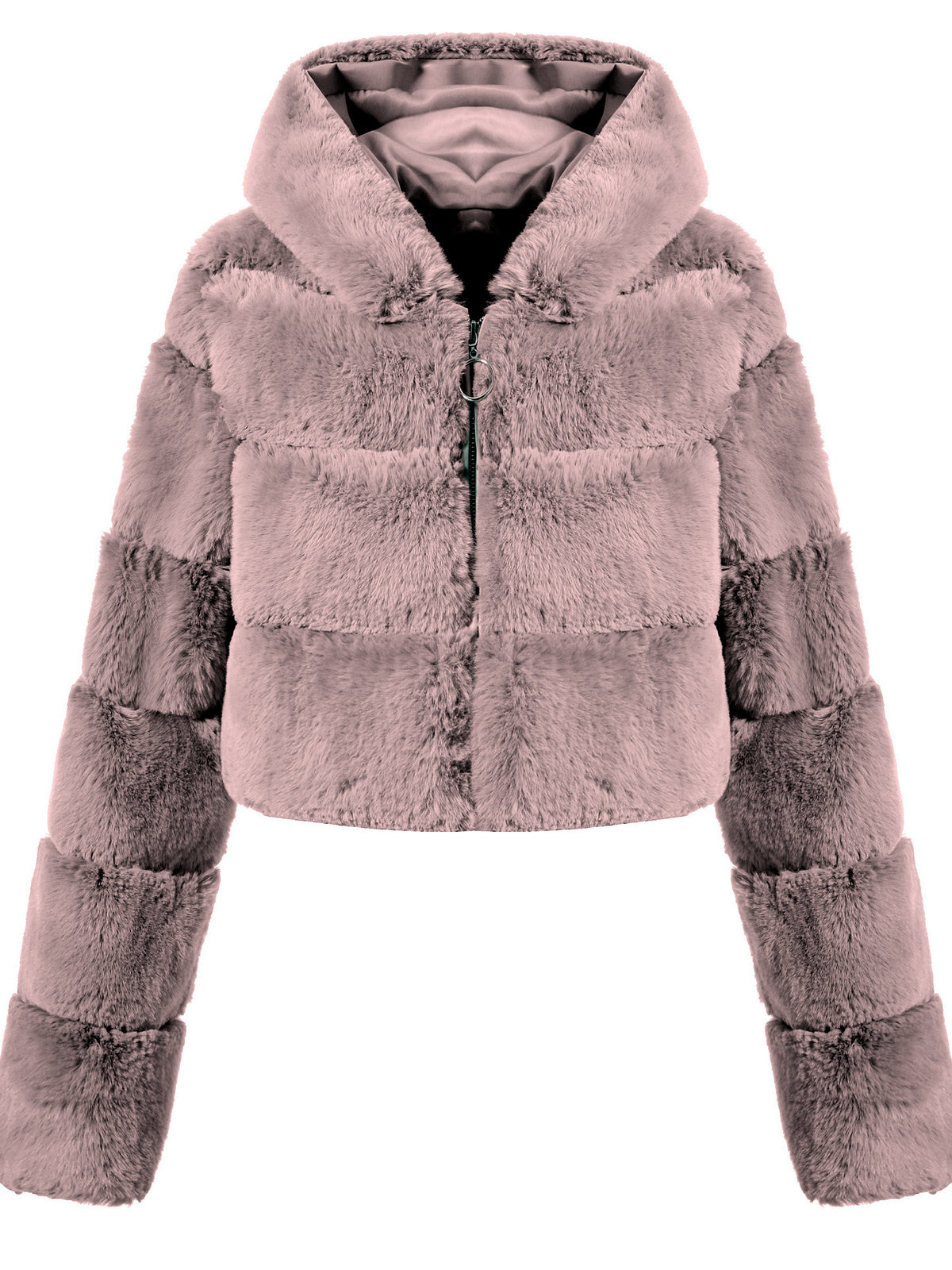 Faux-Fur Zip-Front Long-Sleeve Coat in Pink - product view