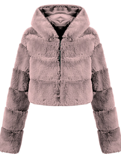 Faux-Fur Zip-Front Long-Sleeve Coat in Pink - product view