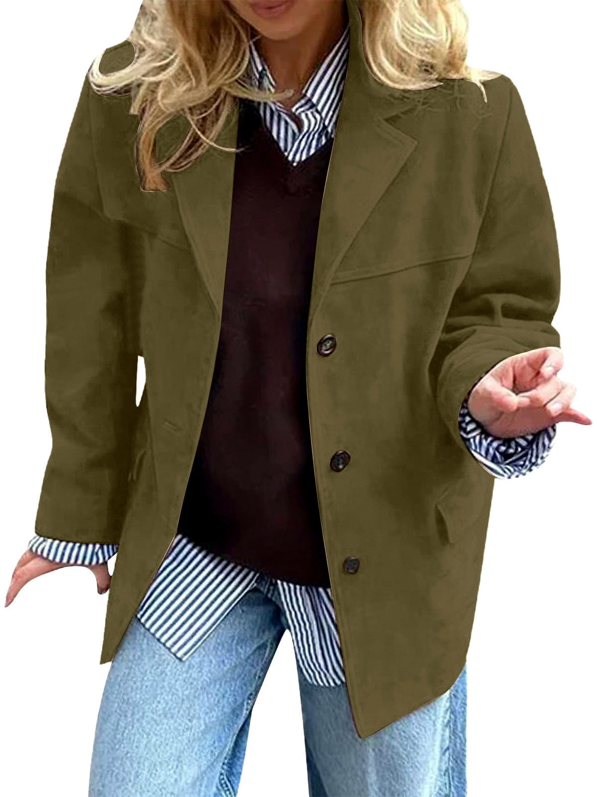 Women's Solid-Color Relaxed-Fit Single-Breasted Button-Front Point-Collar Pocket Blazer in Green - product view