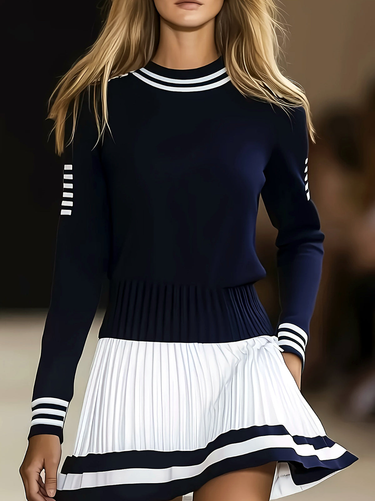 Women's Crew-Neck Knit Striped Solid-Color Long-Sleeve Office Dress - product detail view 3