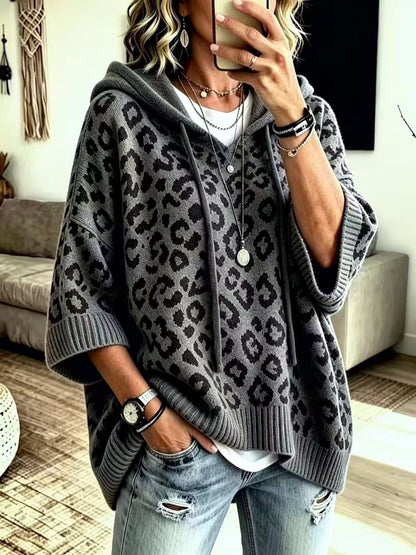 Knit Leopard-Print Hooded Drawstring Pullover Relaxed-Fit Sweater in Gray - product view