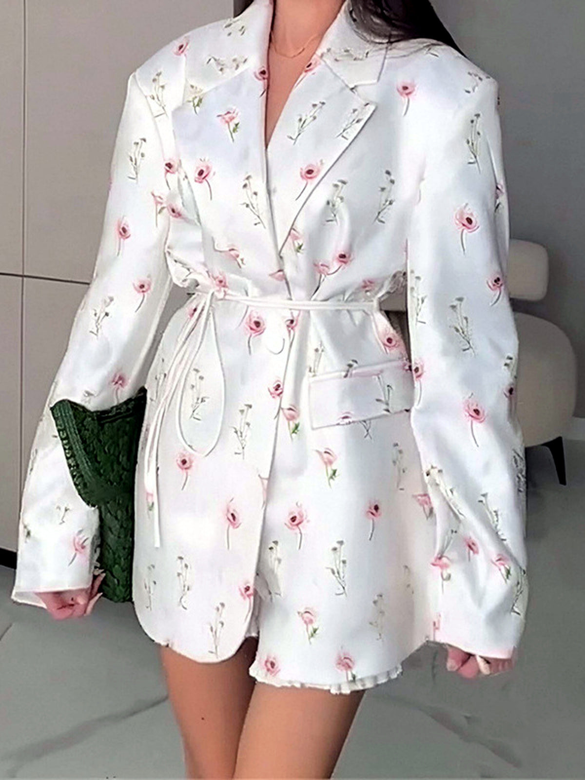 Women's Printed Solid-Color Slim-Fit Belted Long-Sleeve Office Blazer in 29783-White - product view