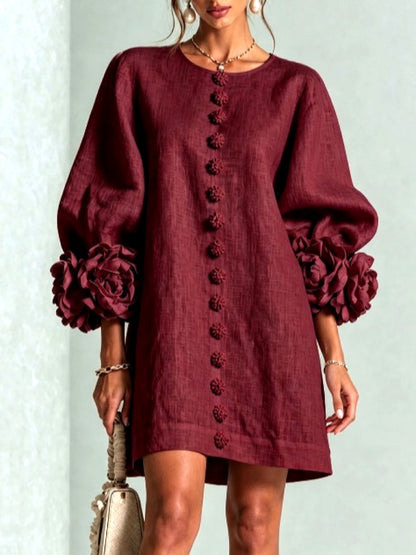 Women's Solid-Color Crew-Neck Button-Front Pullover Relaxed-Fit Dress in Red - product view
