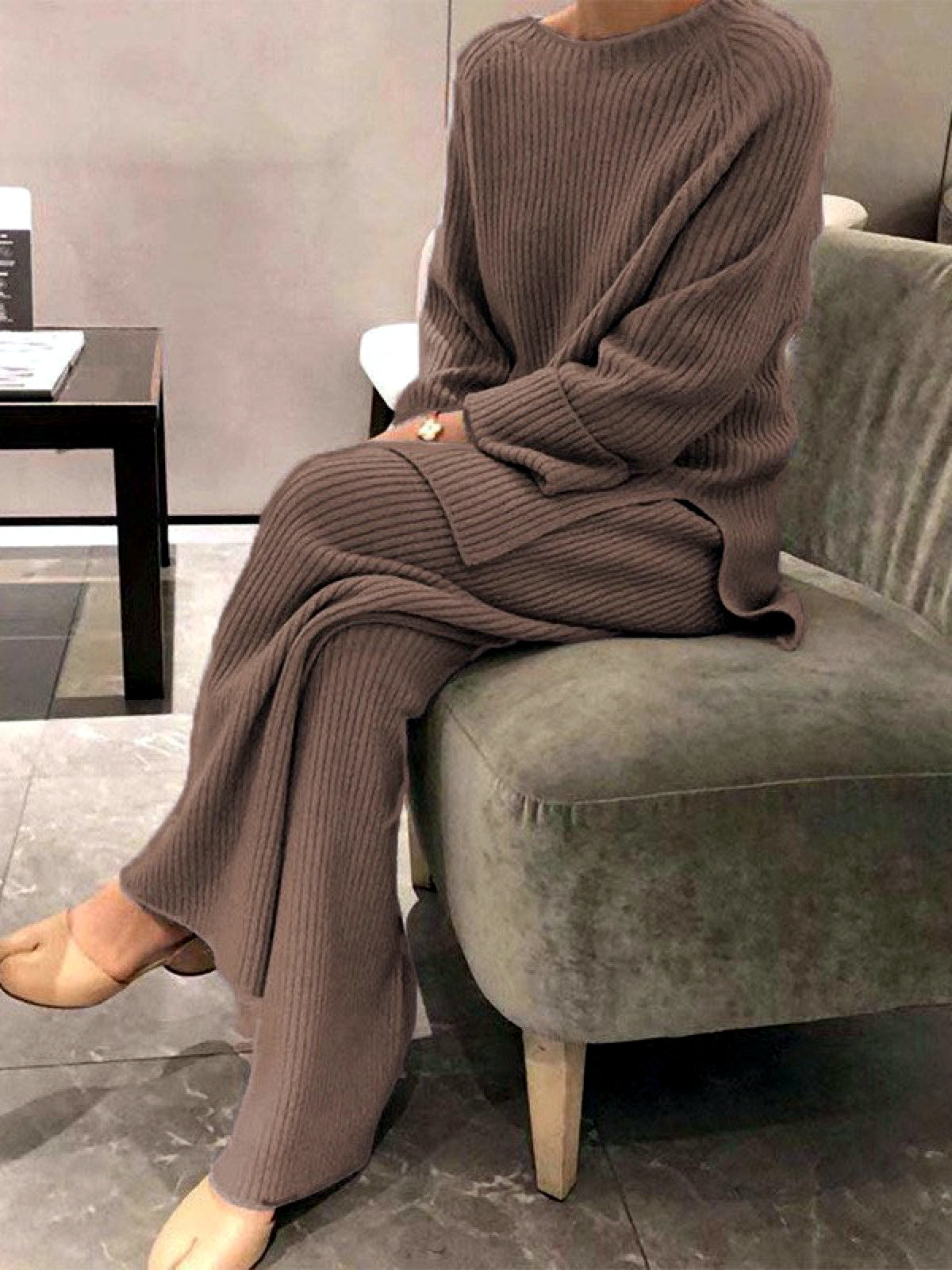 Women's Knit Solid-Color Long-Sleeve Two-Piece Set in Camel - product view