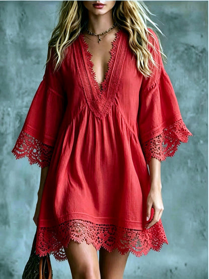 Women's Lace-Trim Patchwork Longline Mid-Length Dress in Red - product view