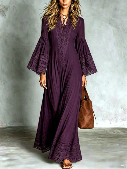 Lace-Trim Patchwork Vintage-Inspired Dress in Purple - product view