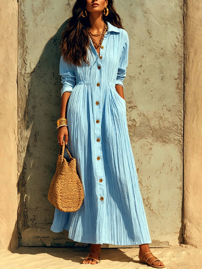 Women's Solid-Color Relaxed-Fit Slim-Fit Point-Collar Long-Sleeve Vacation Dress in Blue - product view