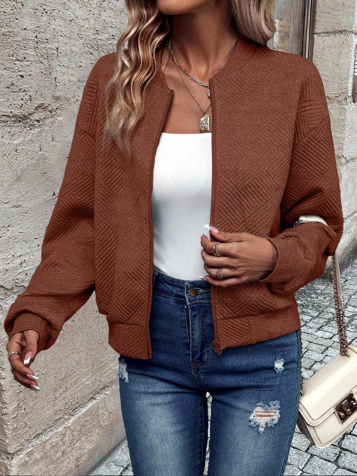 Women's Solid-Color Zip-Front Long-Sleeve Jacket in Coffee Brown - product view