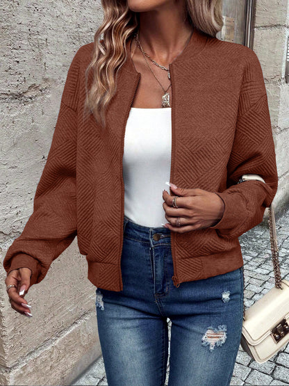 Women's Solid-Color Zip-Front Long-Sleeve Jacket in Coffee Brown - product view