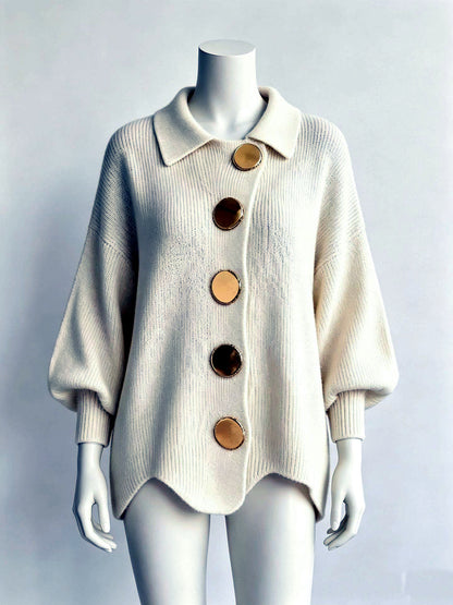 Knit Point-Collar Relaxed-Fit Cardigan in Beige - product view