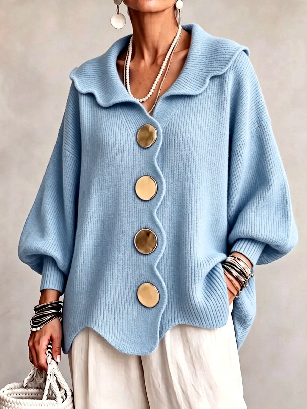 Women's V-Neck Long-Sleeve Top in Light Blue - product view