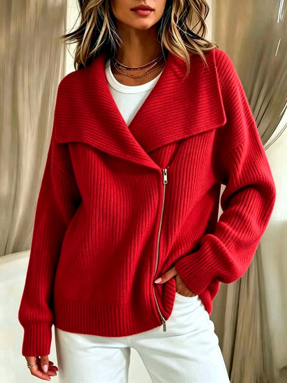 Women's Knit Solid-Color Zip-Front Relaxed-Fit Cardigan in Red - product view