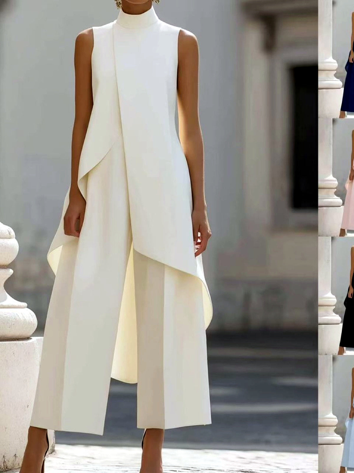 Solid-Color Patchwork Asymmetric Sleeveless Wide-Leg Top & Pants Set - product detail view 2