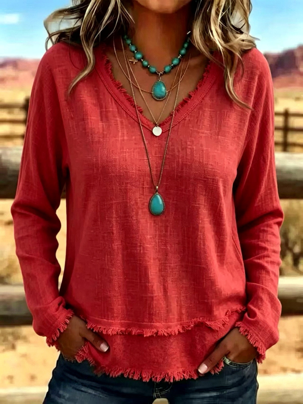 Women's Solid-Color V-Neck Relaxed-Fit Long-Sleeve T-Shirt in Red - product view