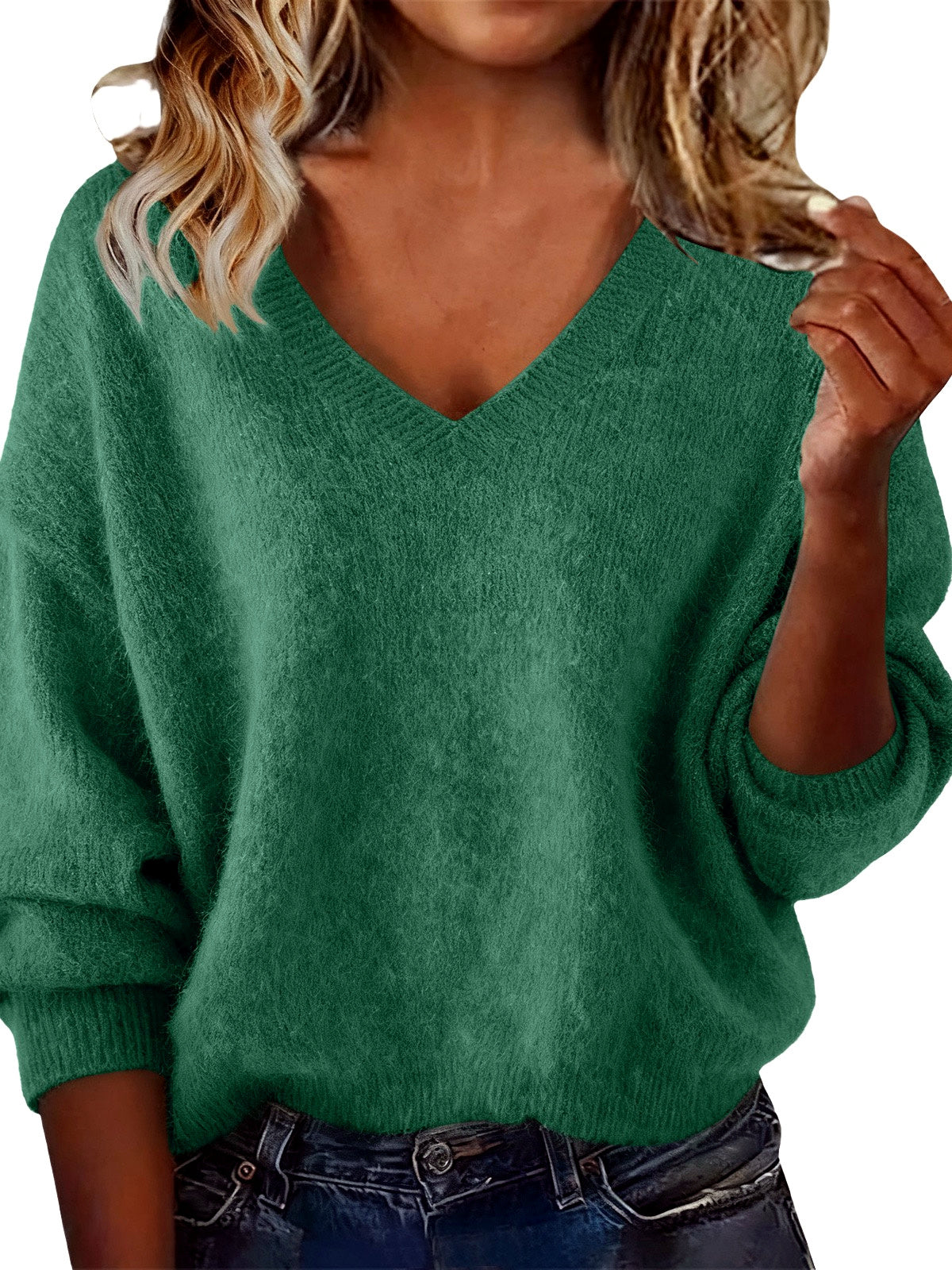 Women's V Solid Color Long Sleeve Knit Patchwork Relaxed-Fit Sweater in Green - product view