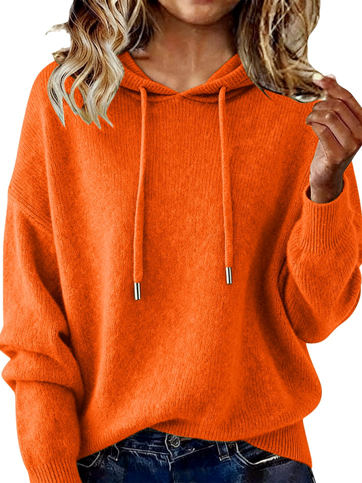 Women's Solid Color Long Sleeve Knit Sweater in Orange - product view