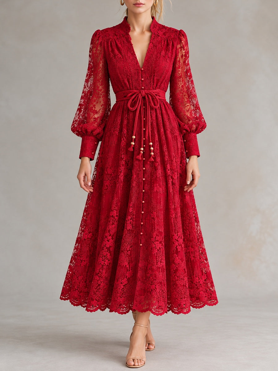 Women's Solid-Color V-Neck Lace-Trim Long-Sleeve Puff-Sleeve Dress