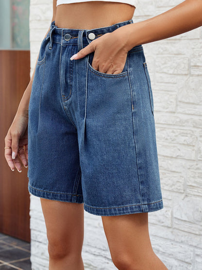 Women’s Adjustable Waist Washed Denim Bermuda Shorts Mid Length Streetwear Jean Shorts