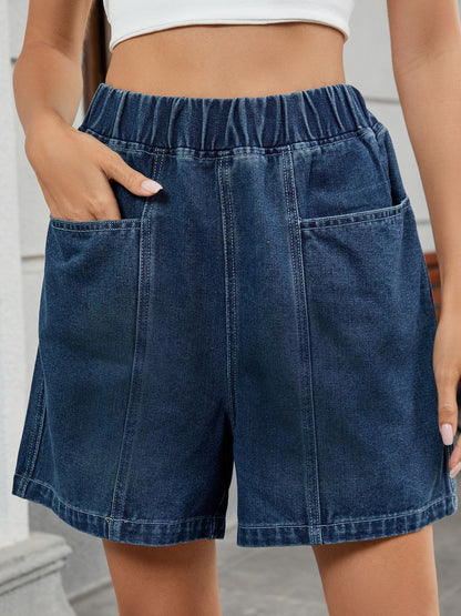 Women’s Elastic Waist Washed Denim Bermuda Shorts Loose Fit Summer Casual Jean Shorts with Pockets