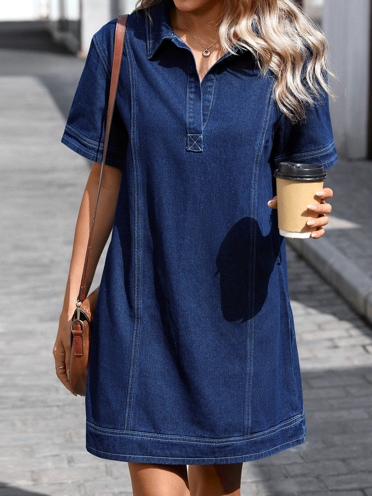 Women's Short Sleeve Denim Shirt Dress, Loose Straight Jean Dress with Collared Button Front
