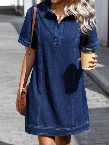 Women's Short Sleeve Denim Shirt Dress, Loose Straight Jean Dress with Collared Button Front