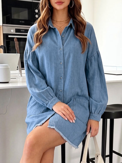 Women's Washed Denim Shirt Dress, Long Sleeve Button Front Loose Midi Dress with Lantern Sleeves