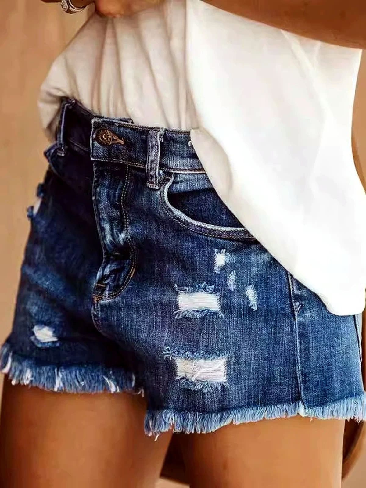 Women's Washed Denim Distressed High-Waist Straight-Leg Office Shorts - product detail view 5