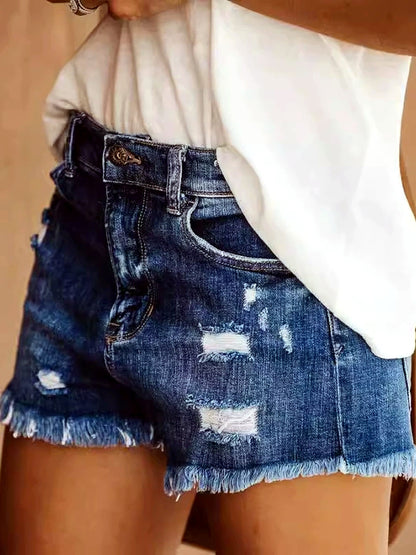Women's Washed Denim Distressed High-Waist Straight-Leg Office Shorts - product detail view 5