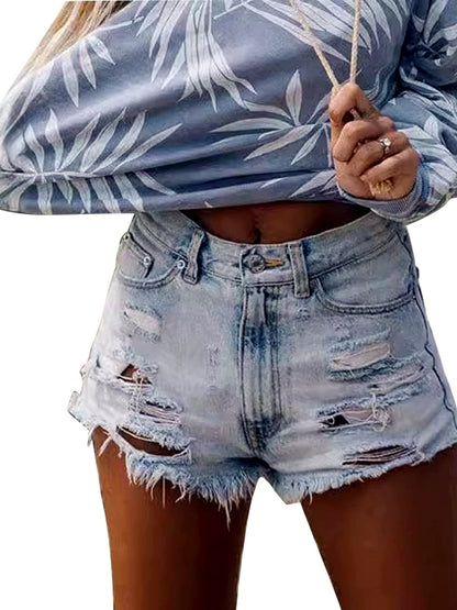 Women's Washed Denim Distressed High-Waist Straight-Leg Office Shorts - product detail view 6