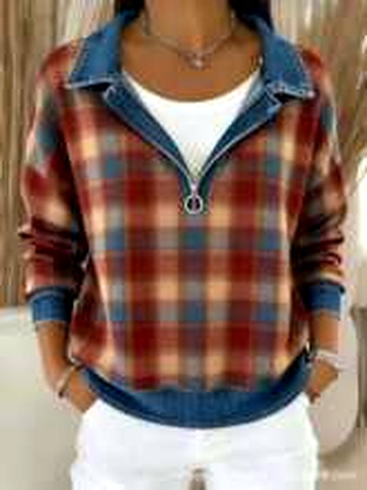 Women's Plaid Relaxed-Fit Hooded Cardigan in Brick Red - product view