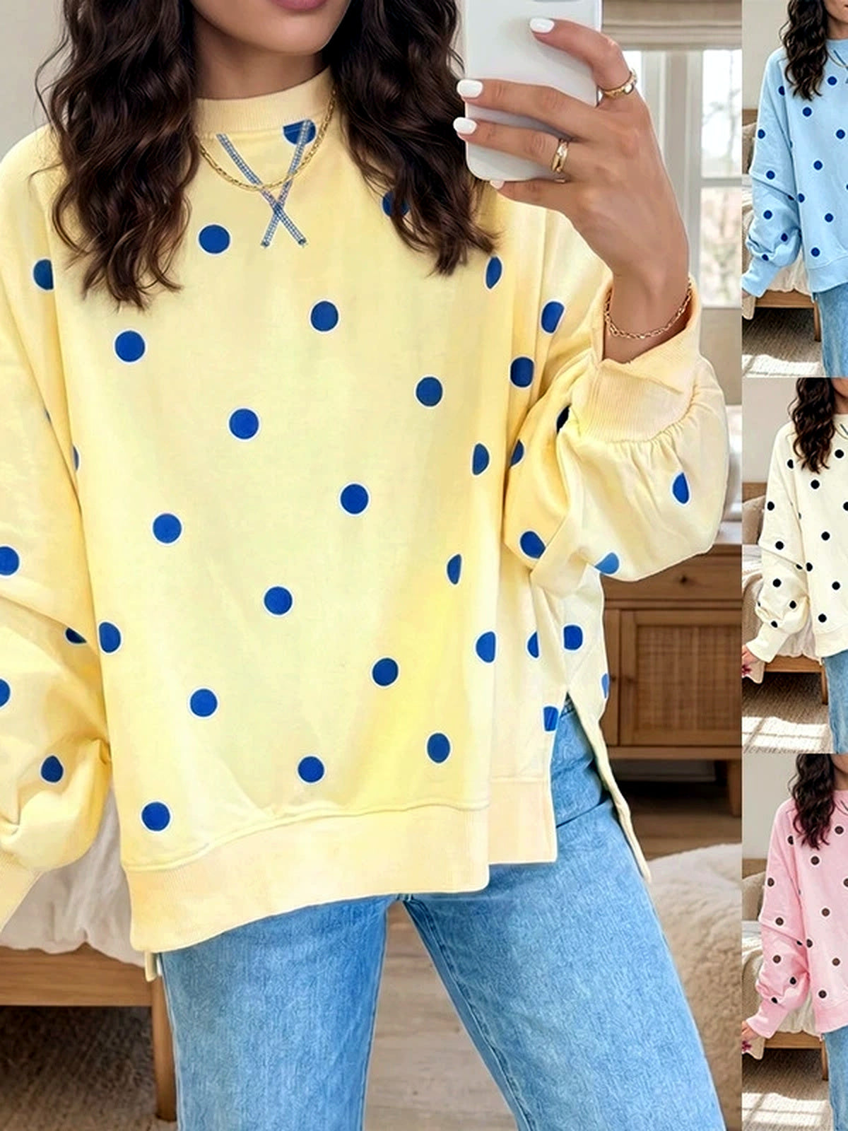 Women's Printed Crew-Neck Patchwork Relaxed-Fit Long-Sleeve Polka-Dot Sweatshirt - product detail view 3