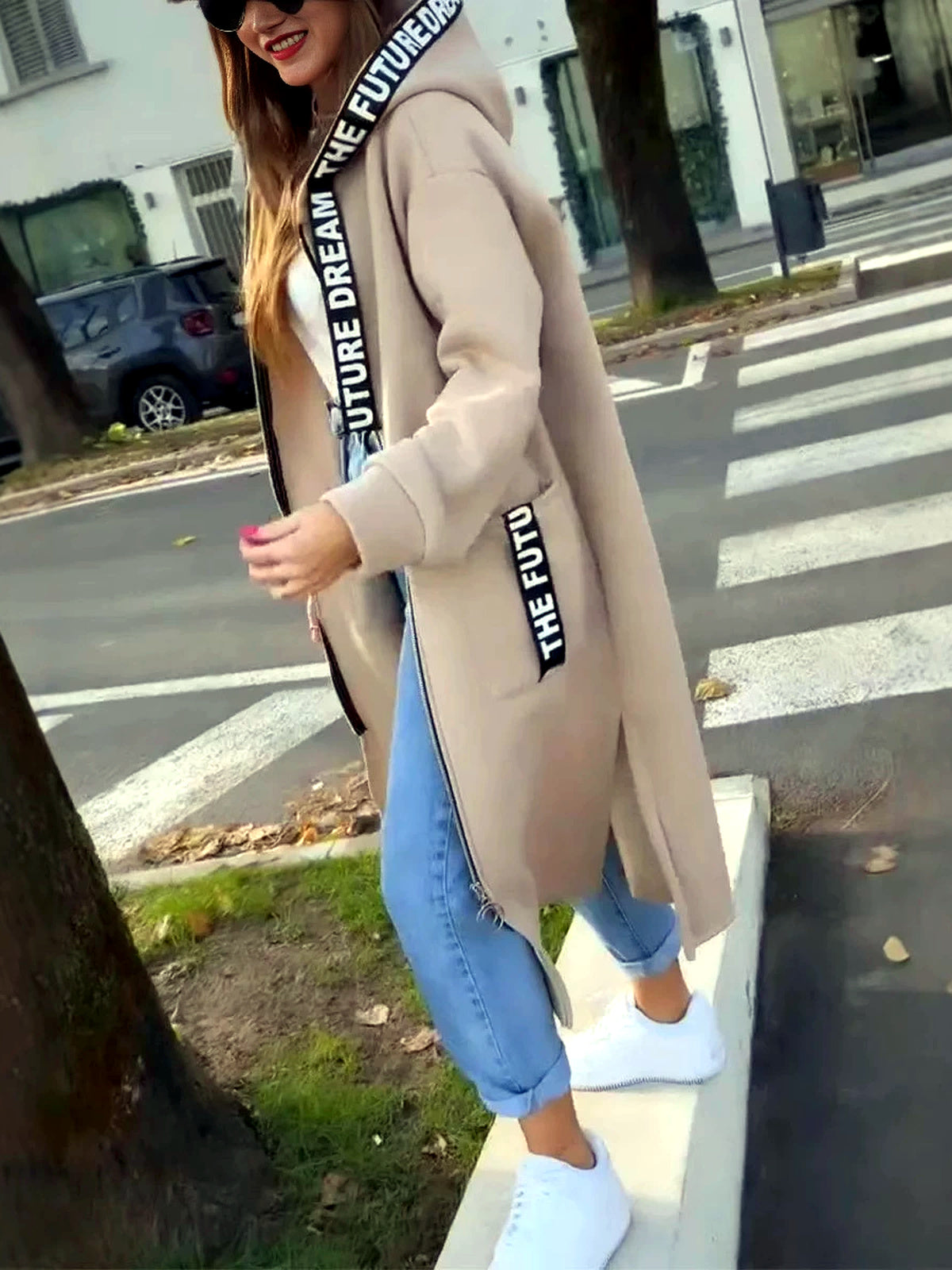 Women's Solid-Color Zip-Front Long-Sleeve Hooded Sweatshirt - product detail view 2