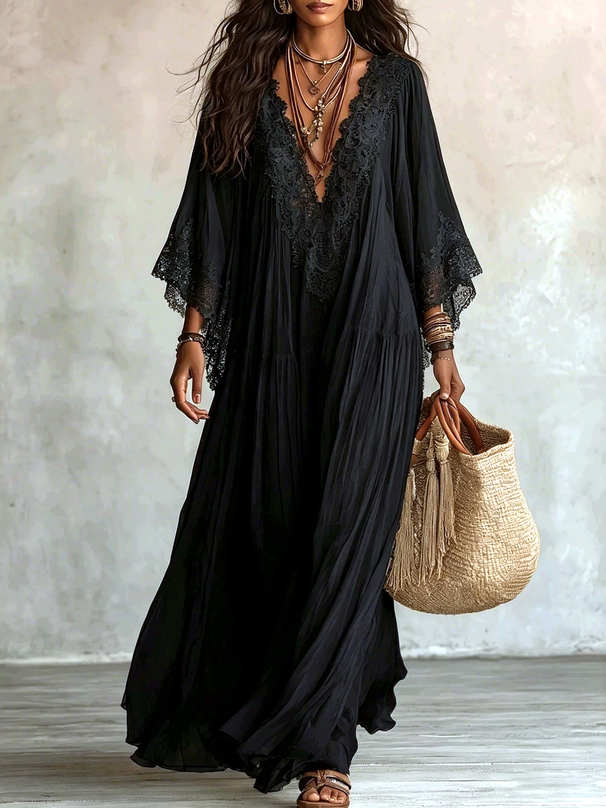 Women's Lace-Trim Patchwork Batwing-Sleeve Longline Dress - product detail view 1