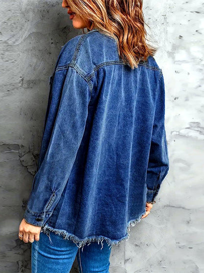 Women's Denim Raw-Hem Relaxed-Fit Slim-Fit Straight-Leg Long-Sleeve Polo Shirt - product detail view 5