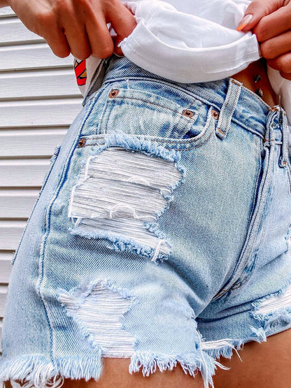 Denim Printed Distressed Straight-Leg Vacation Streetwear Shorts - product detail view 5