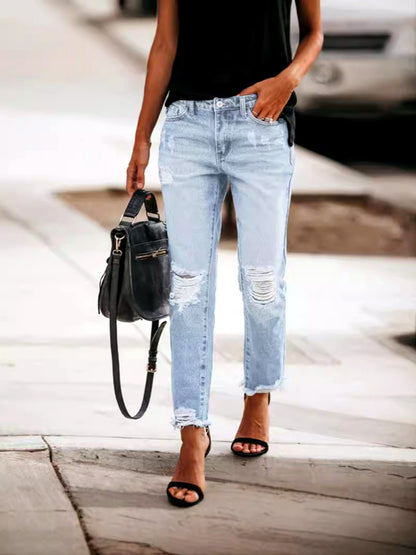 Women's Denim Distressed Mid-Rise Straight-Leg Vintage-Inspired Office Pants - product detail view 4