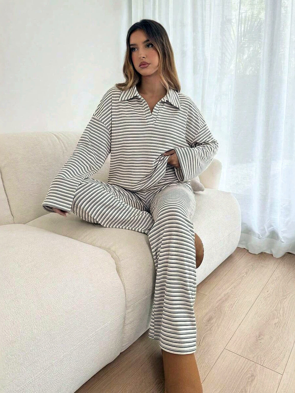 Striped Plaid Printed Point-Collar Long-Sleeve Wide-Leg Top & Pants Set - product detail view 3