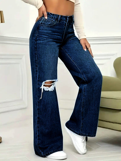 Women's Denim Printed Distressed High-Waist Wide-Leg Straight-Leg Jeans - product detail view 4