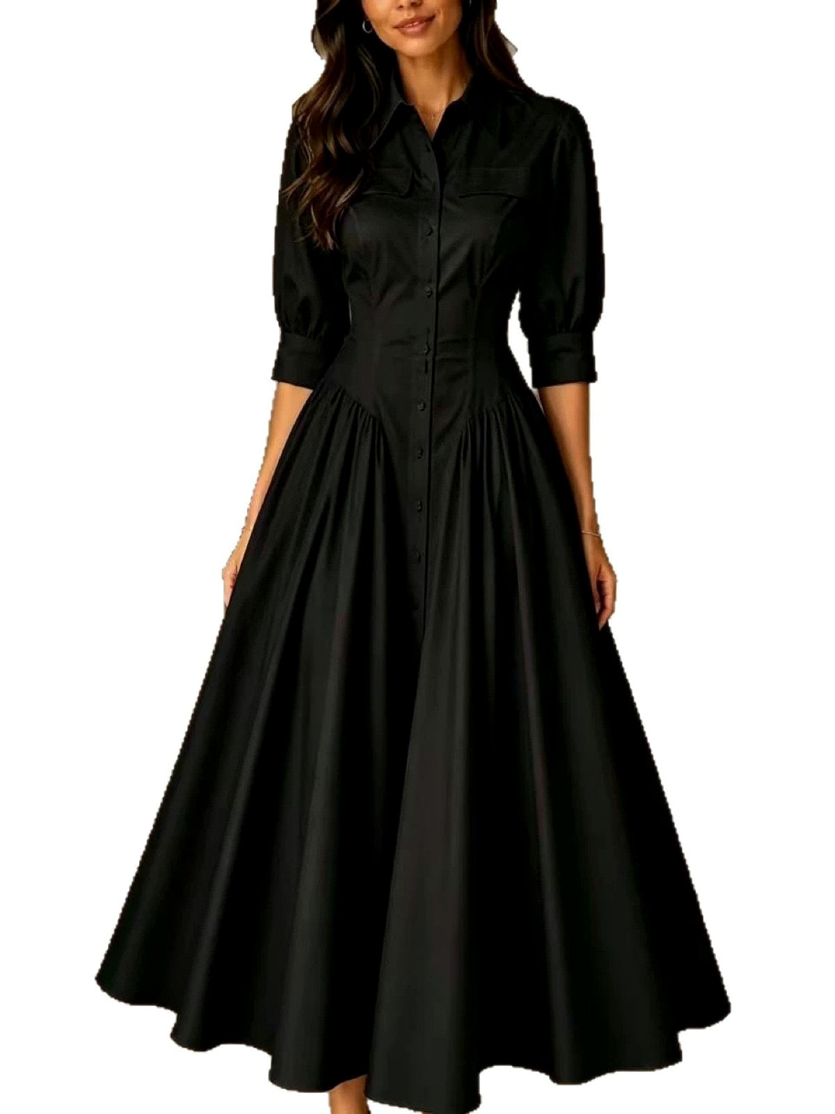 Linen-Blend Solid-Color Pocket High-Waist Dress - product detail view 1