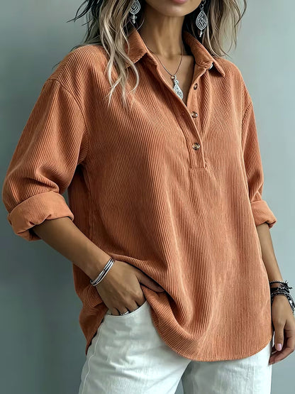 Women's Corduroy Solid-Color Stretch Relaxed-Fit Point-Collar Long-Sleeve Shirt - product detail view 2