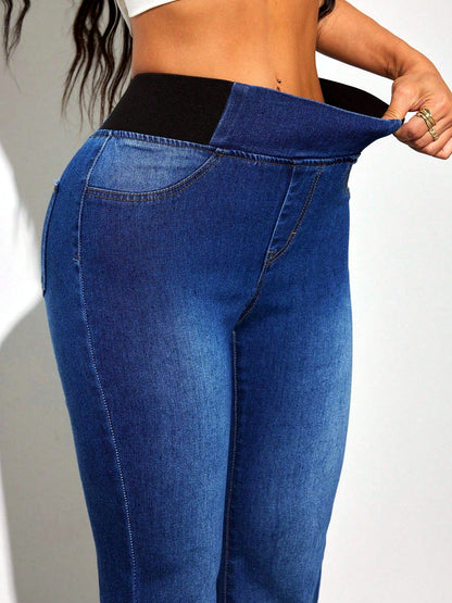 Women's Washed Denim Patchwork Mid-Rise Straight-Leg Flared Jeans - product detail view 5