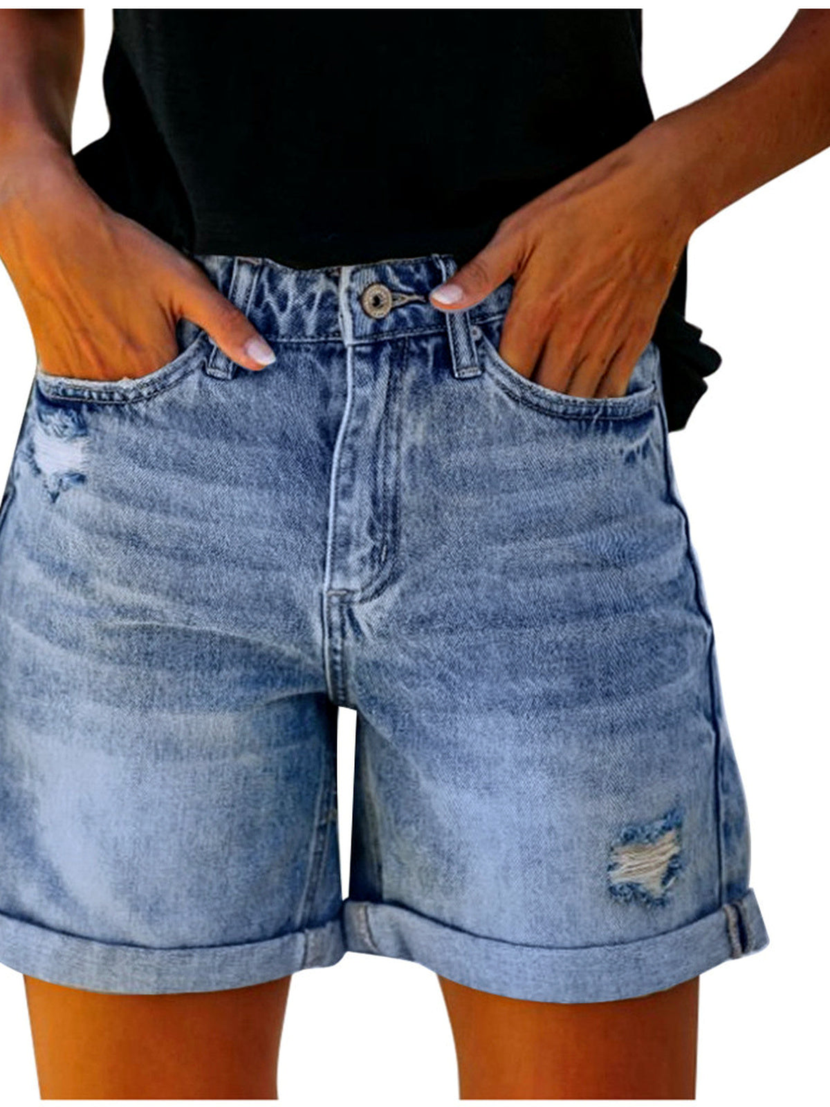Women's Denim Distressed High-Waist Straight-Leg Office Shorts in Light Blue - product view