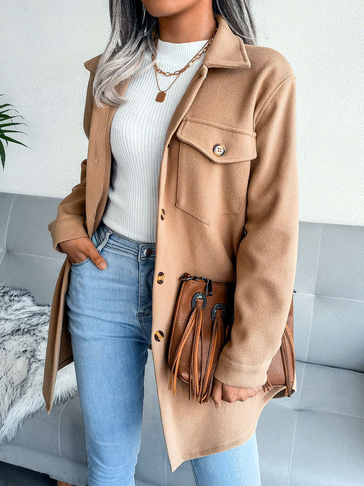 Women's Long Sleeve Open Front Blazer Cardigan Solid Color Casual Woven-Panel Straight-Leg Button-Front Point-Collar Pocket