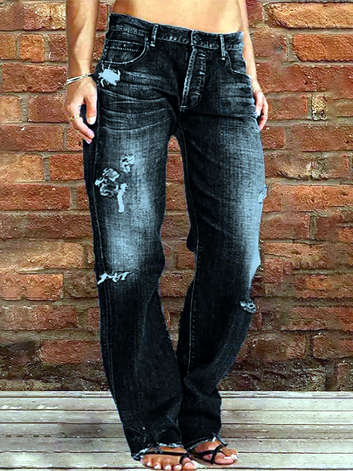 Women's Denim Mid-Rise Straight-Leg Distressed Jeans - product detail view 3