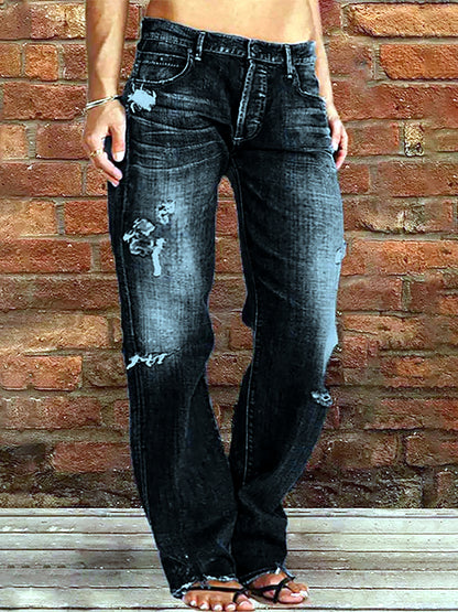 Women's Denim Mid-Rise Straight-Leg Distressed Jeans - product detail view 3